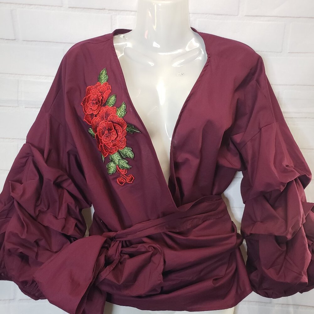 Pretty NEW Burgundy Red Rose Floral Applique Wrap Top Shirt womens Plus 2XL Sexy